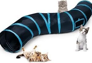 Sheldamy Cat Tunnel, S-2-Way Cat Tunnels for Indoor Cats, Collapsible Cat Play Tunnel, Interactive Toy Maze Cat House with 1 Play Ball for Cats, Puppy, Kitty, Kitten, Rabbit (Blue & Black)