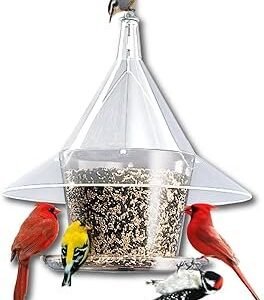 SKY CAFE - Squirrel Proof Bird Feeder for Outside - Large, 17 in. Diameter, 1.5 Gallon Birdseed Capacity - Made in USA by Arundale (Crystal Clear) - Free Mug