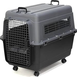 SportPet Airline Compliant X-LARGE 32.25" Travel Dog Kennel-Durable Plastic Airline Pet Carrier w/Removable Wheels & Food Bowls, Collapsible Indoor/Outdoor Dog Kennel, Dogs up to 32"L & 23"H-Dark Gray