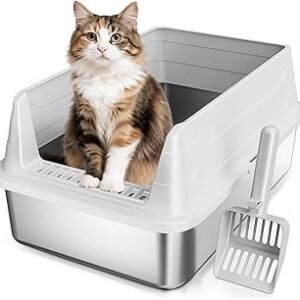 Stainless Steel Cat Litter Box, Odor Free Metal Litter Box with High Sides Lid, Open Top Low Entry Litter Pan Include Scoop Easy Cleaning Anti-Scratch Kitty Cat Box Anti-Urine Leakage, Non-Sticky, M