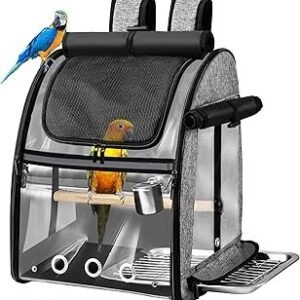SUERTREE Bird Carrier Bag with Indestructible Stainless Steel Mesh, Bird Travel Cage with Stand, Easy to Clean Backpack for Parrot, Portable Bird Travel Bag, Grey