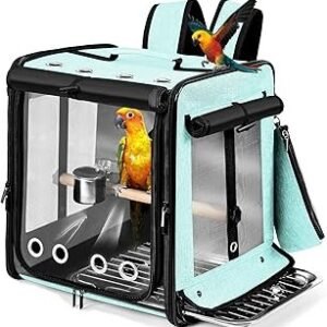 Suertree Bird Carrier with Seat Belt for Car Travel, Bird Backpack Carrier with Indestructible Stainless Steel Mesh, Large Bird Carrier Travel Cage, Green