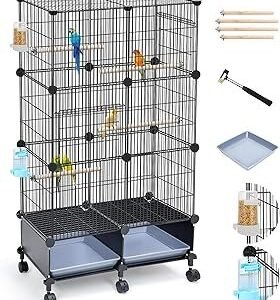 Upgraded Encrypted 46-Inch Bird Cage, with Wooden Perches, Metal Parakeet Cage with Slide-Out Tray, Water Bottle&Feeder, Bird Cages for Parrot,Parakeets,Cockatiel,Lovebird,Small Mid-Sized Birds