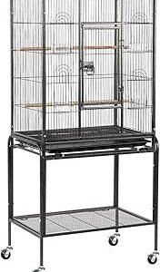 VINGLI Bird Cage with Wheels, Durable Wrought Iron Parakeet Cage with Slide Out Tray, Black Bird Cages for Parakeets/Lovebird/Cockatiels/Budgies and Other Small/Medium Birds (Large-53 inch)