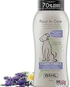 Wahl USA 4-in-1 Calming Dog Shampoo with Lavender Chamomile Scent – Cleans, Conditions, Detangles, & Moisturizes - Pet Friendly Formula - 24 Oz - Model 820000A