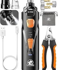 Whisper Quiet Dog Nail Grinder with LED Light, Safe & Stress-Free for Sensitive Dogs of All Breeds & Sizes, 3 Grinding Bits, 3-Speed, Pet Nail Trimmers, Rechargeable Painless Grooming Kit