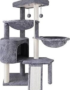 Xin Three Layer Cat Tree with Cat Condo and Two Hammocks,Grey