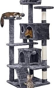 Yaheetech 54in Cat Tree, Multi-Level Cat Tower with Spacious Kitten-ear Perch, 2 Cozy Caves, Scratching Posts, Climbing Ladder, 2 Plush Balls, Durable Pet House Furniture for Indoor Kittens, Dark Gray