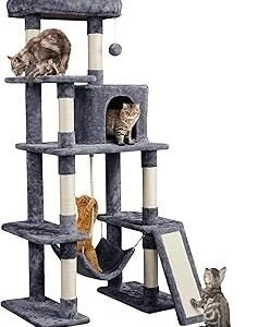 Yaheetech Large Multi-Level Cat Tree, 63 Inches Tall with Sisal-Covered Scratching Posts, Condo, Hammock, Dangling Ball, and Extended Platform for Cats to Play and Sleep